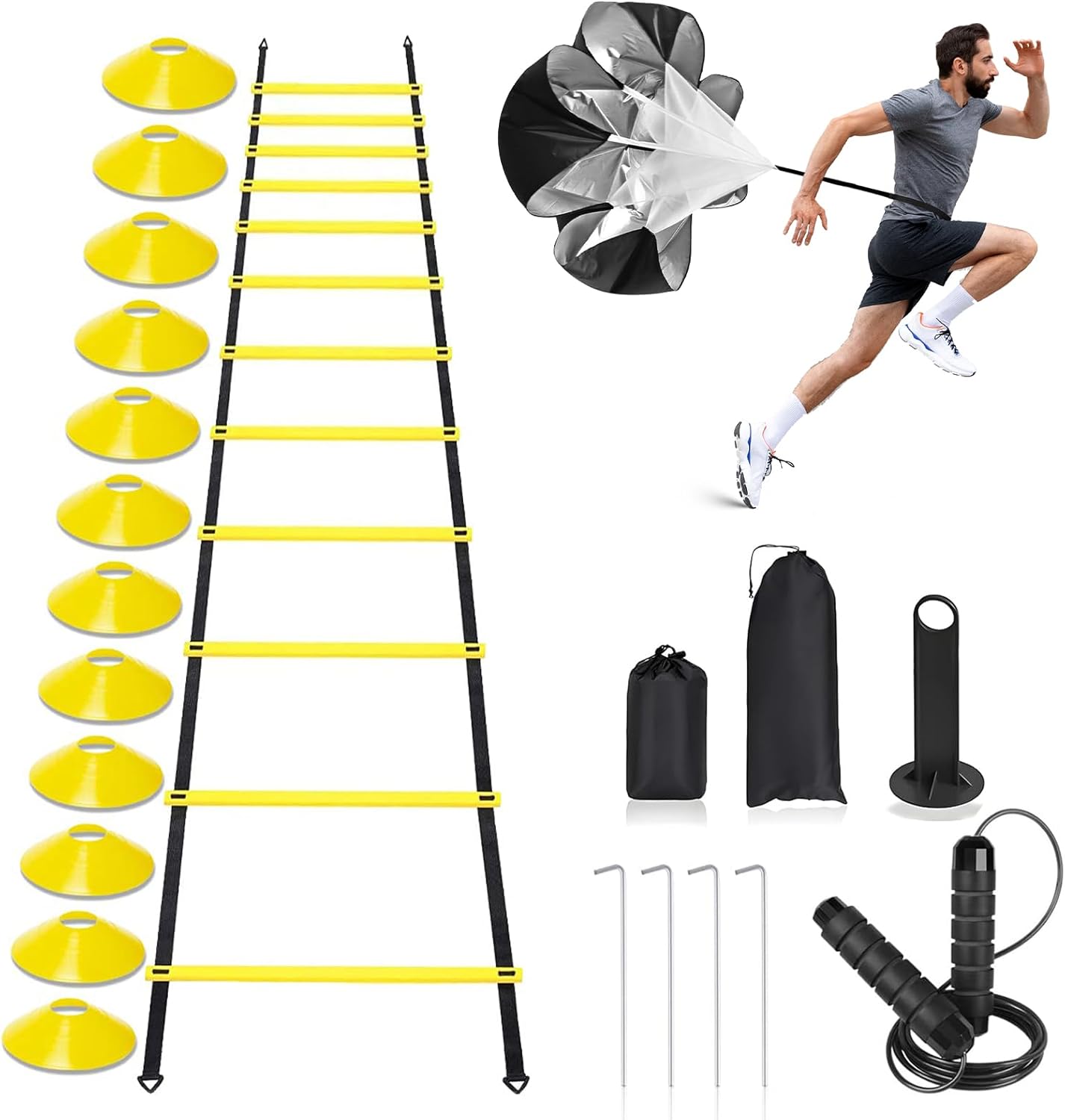 Agility Ladder,Speed Training Equipment Set,20ft Rungs Speed Ladder,Soccer Cones,Jump Rope, Running Resistance Umbrella,Basketball Equipment Football Fitness Training Equipment for Kids Youth Adults