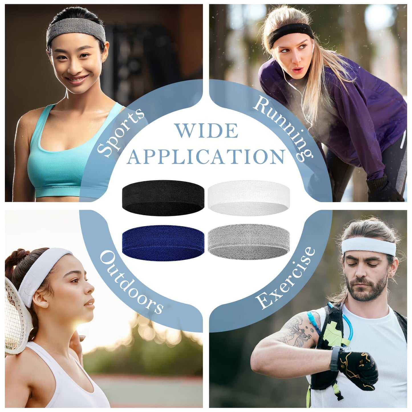 4 Pack Headbands for Men, Sweat Bands Headbands Men & Women, Cotton Terry Sweat Bands for Tennis, Basketball, Running, Gym, Working Out