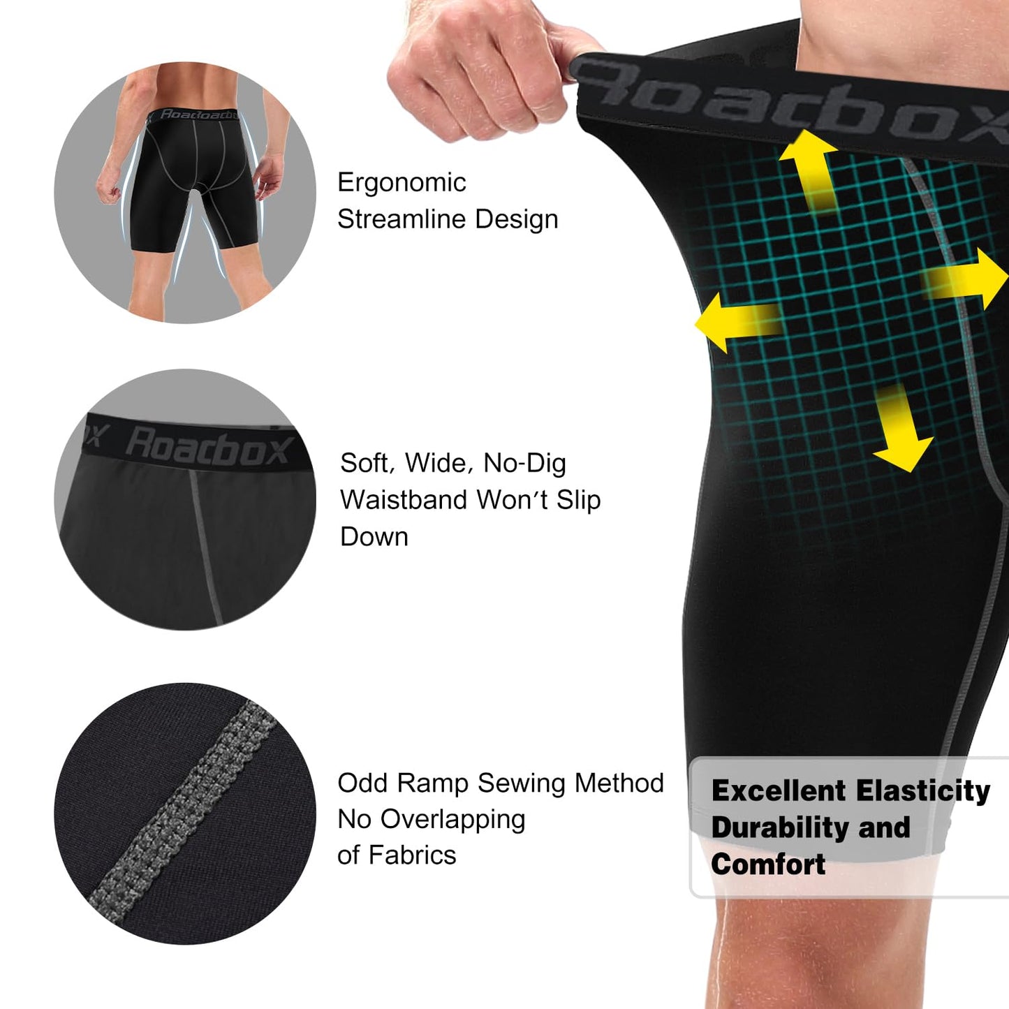 Roadbox Compression Shorts for Men, Athletic Workout Performance Underwear, Running Gym Spandex Sport Base Layer