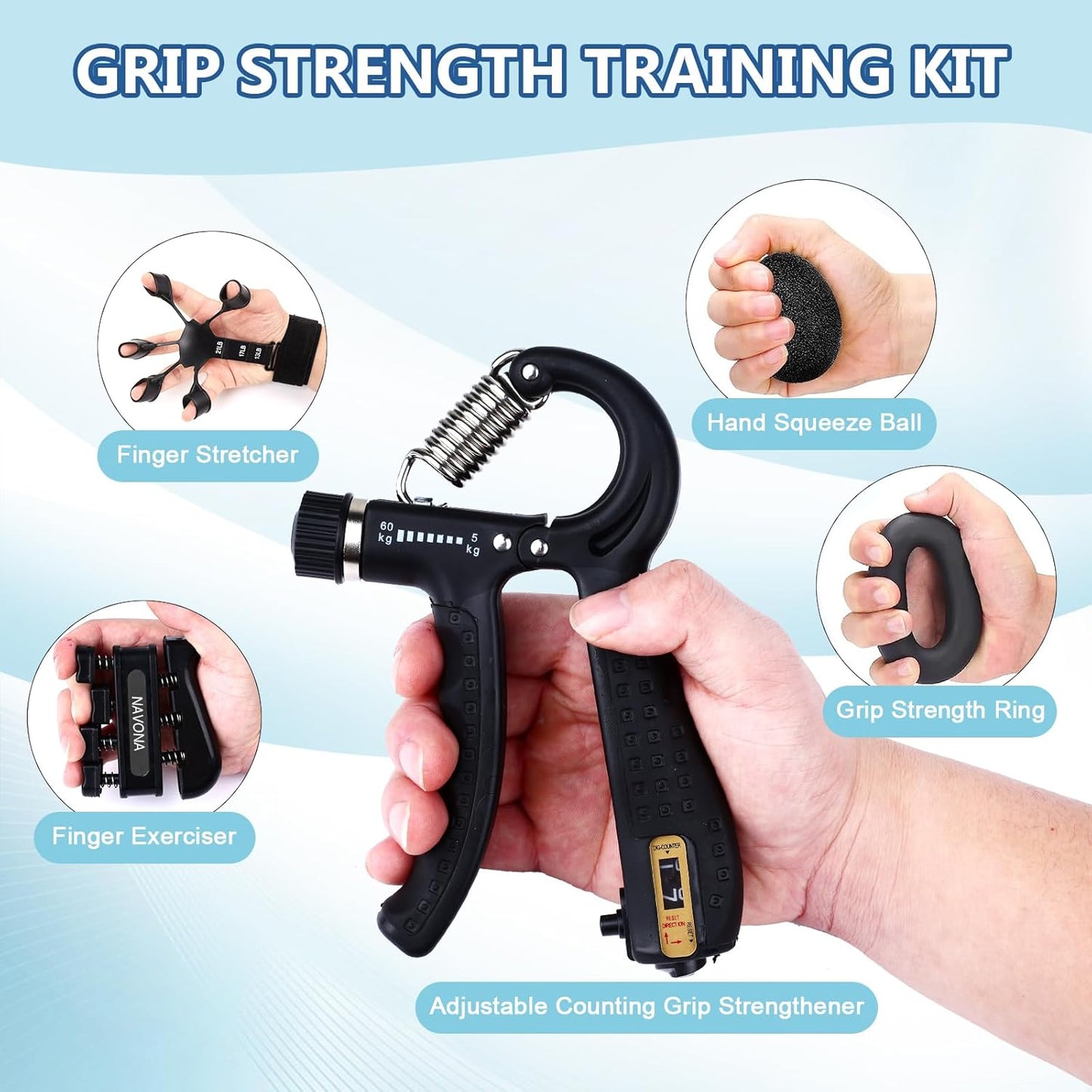 5 PCS Grip Strength Trainer Kit, Hand Gripper Strengthener, Forearm Strengthener, Finger Strengthener, Finger Exerciser, Stress Relief Ball, Forearm Workout Ring for Muscle Building and Injury Recover