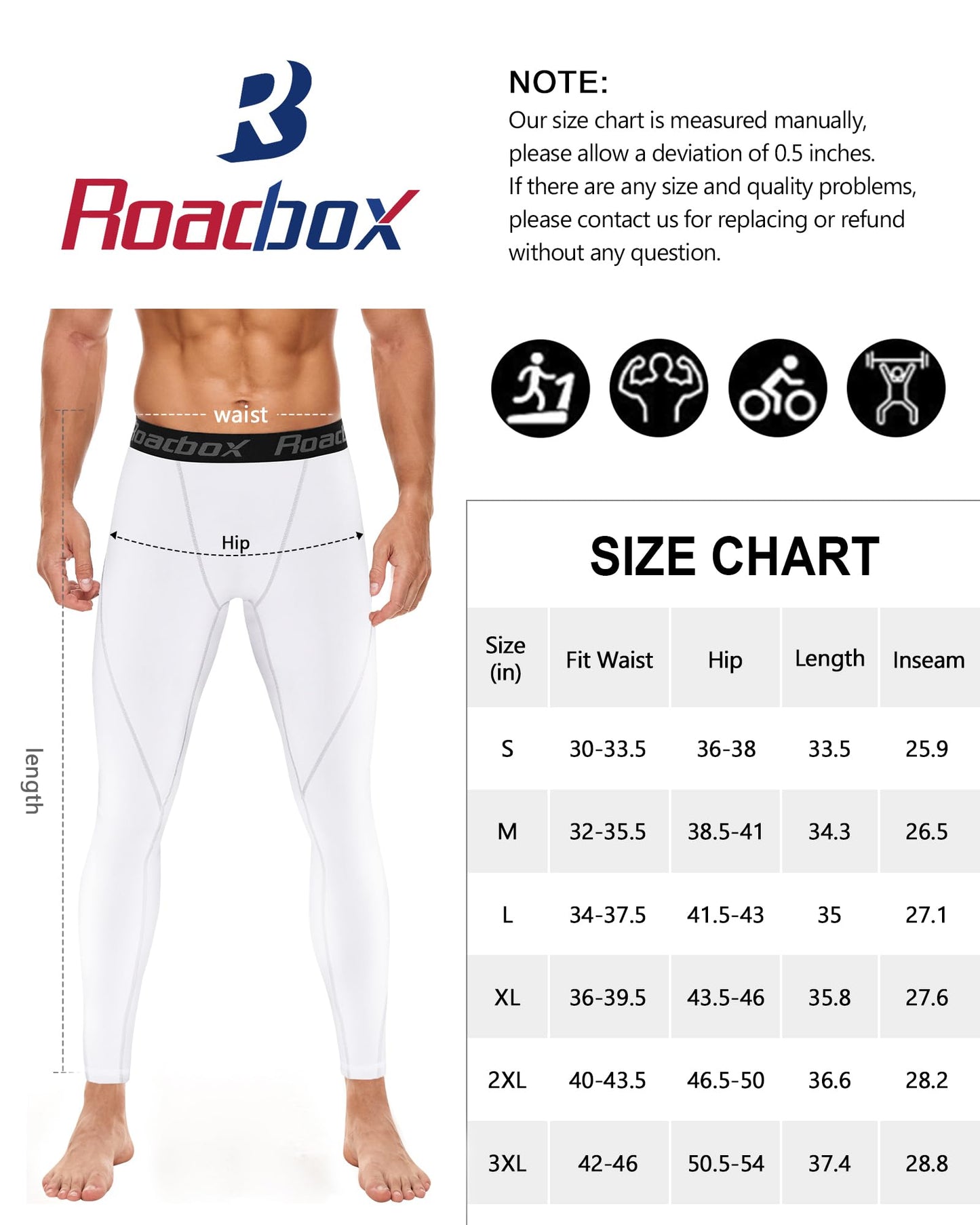 Roadbox 1, 2 or 3 Pack Men's Compression Pants Athletic Base Layer Cycling Tights Leggings for Running Yoga Basketball