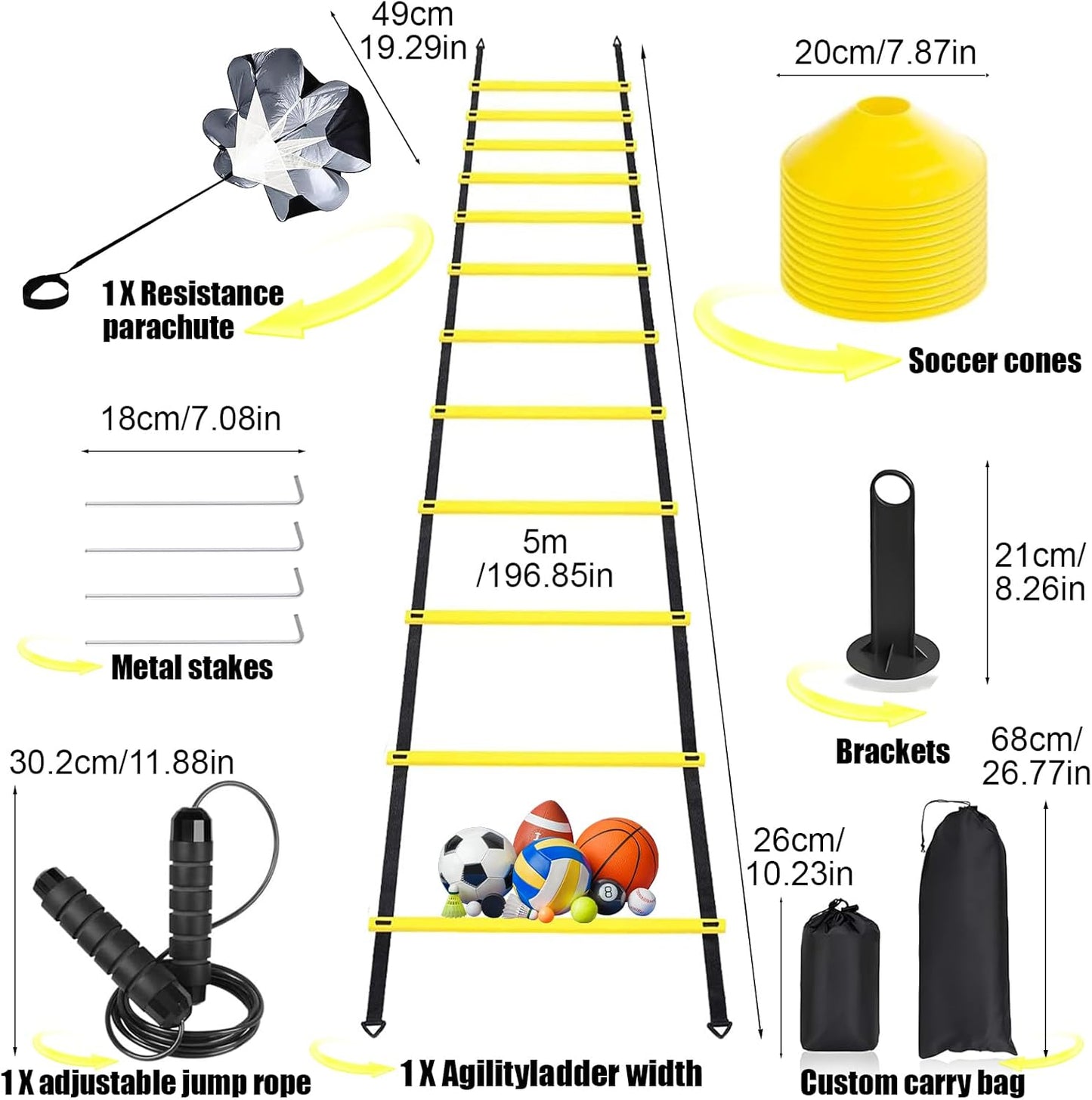 Agility Ladder,Speed Training Equipment Set,20ft Rungs Speed Ladder,Soccer Cones,Jump Rope, Running Resistance Umbrella,Basketball Equipment Football Fitness Training Equipment for Kids Youth Adults