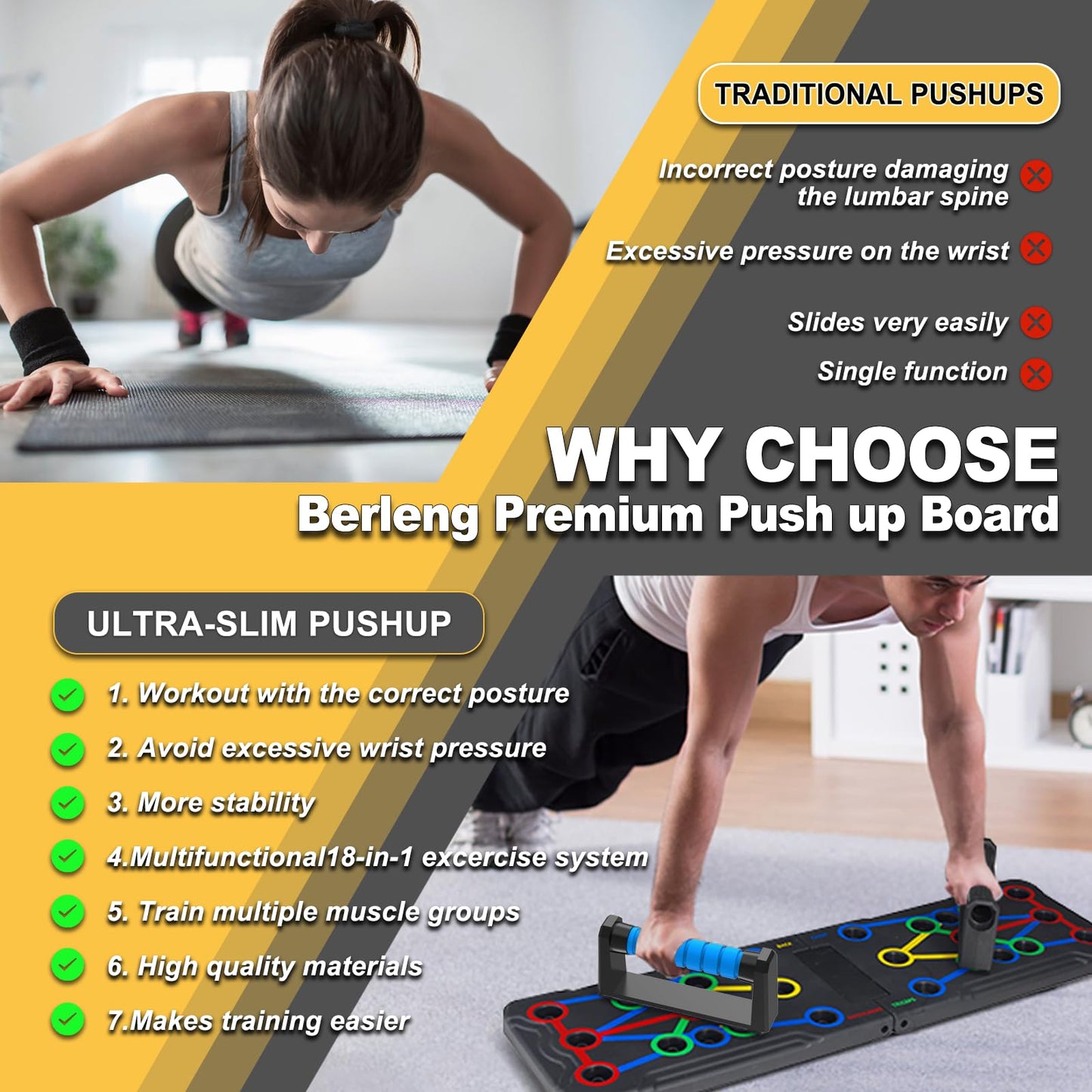 Solid Push Up Board 15 in 1 Home Workout Equipment Multi-Functional Pushup Stands System Fitness Floor Chest Muscle Exercise Professional Equipment Burn Fat Strength Training Arm Men & Women Weights