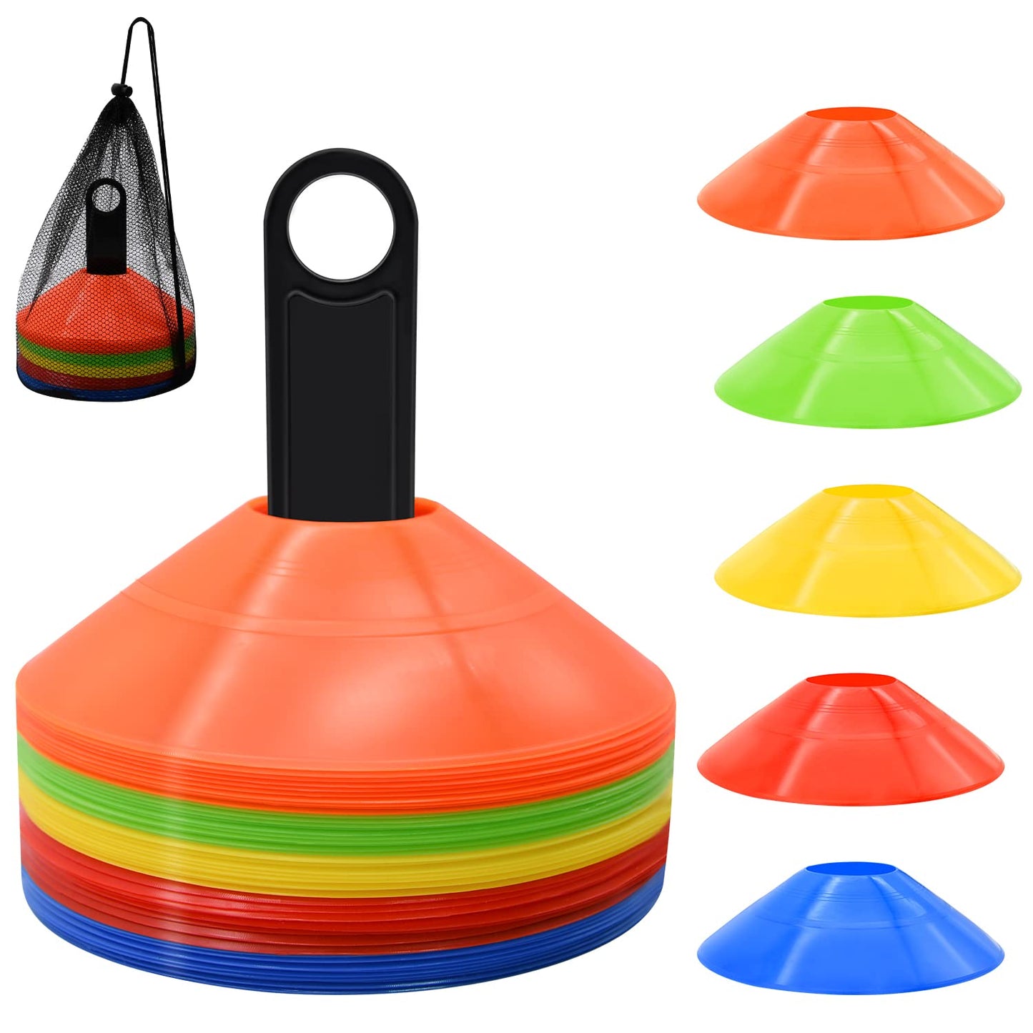 25/50/100/200 Pack Disc Cones, Agility Soccer Cones with Carry Bag and Holder, Soccer Cones for Sports Training, Football, Soccer, Basketball, Coaching, Practice Equipment, 5 Color