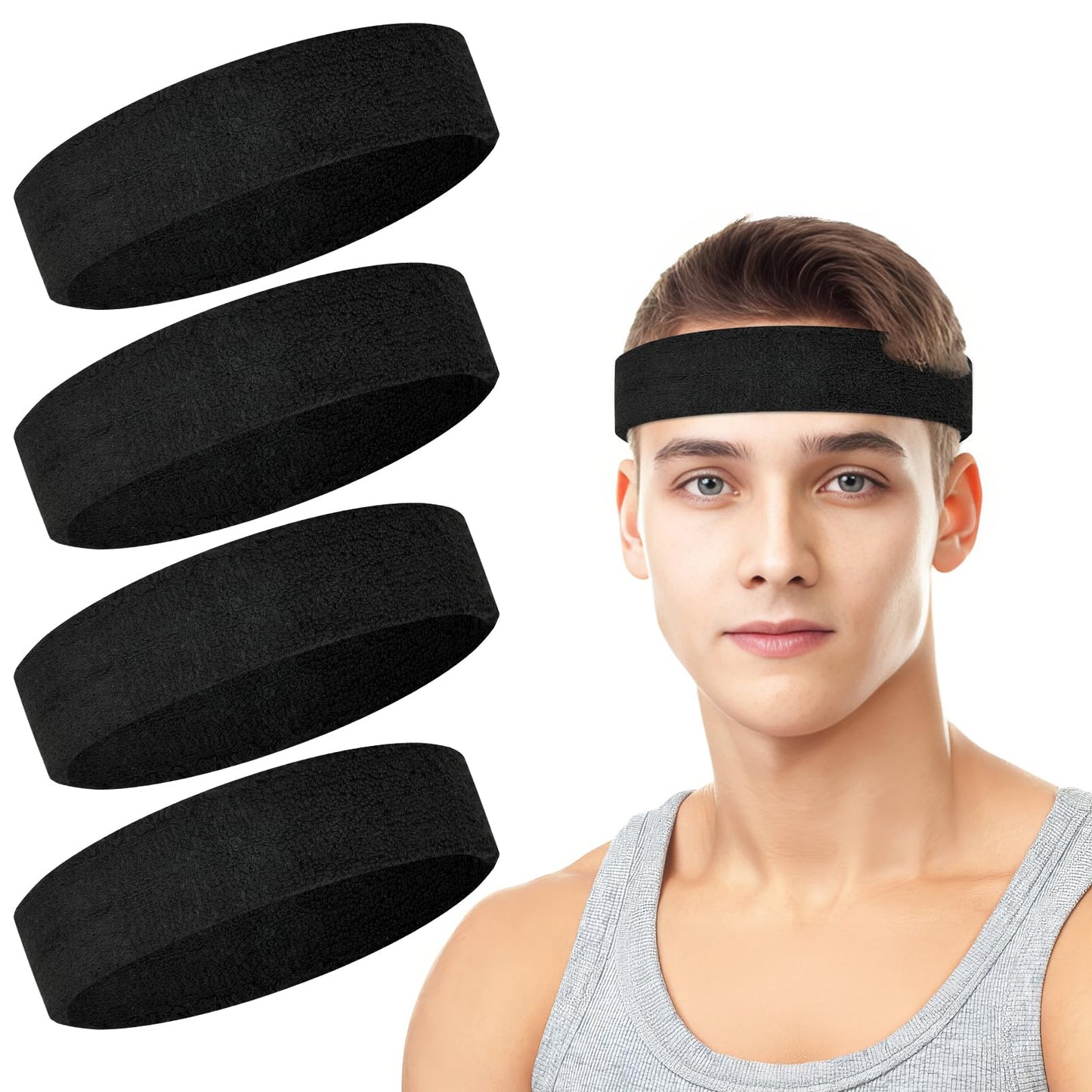 4 Pack Headbands for Men, Sweat Bands Headbands Men & Women, Cotton Terry Sweat Bands for Tennis, Basketball, Running, Gym, Working Out