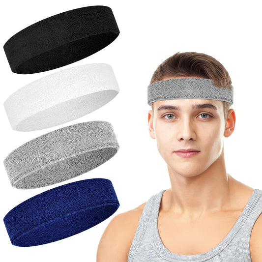 4 Pack Headbands for Men, Sweat Bands Headbands Men & Women, Cotton Terry Sweat Bands for Tennis, Basketball, Running, Gym, Working Out