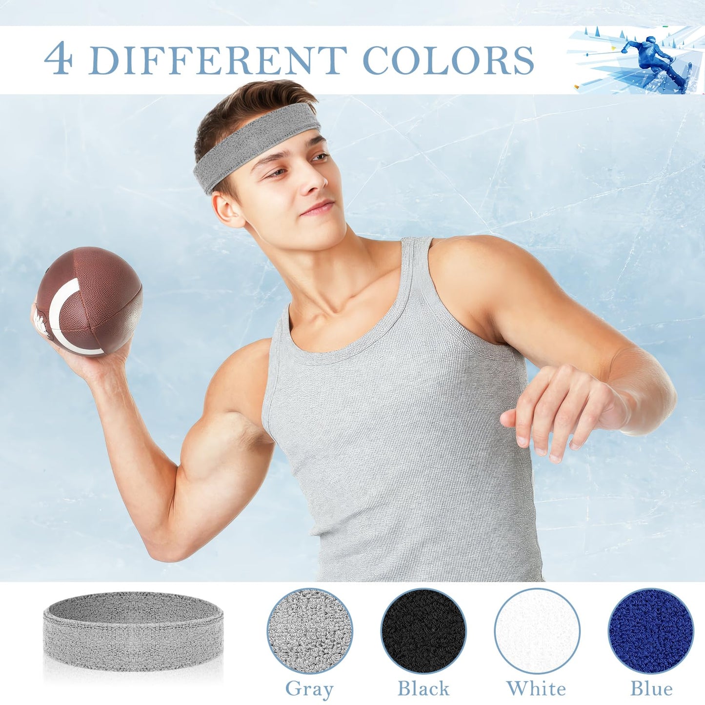 4 Pack Headbands for Men, Sweat Bands Headbands Men & Women, Cotton Terry Sweat Bands for Tennis, Basketball, Running, Gym, Working Out