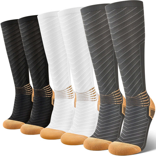 IRAMY Copper Compression Socks Men Women Ankle Support V-Shape Gradient Compression Coolmax Wicking Knee High Socks 3 Packs